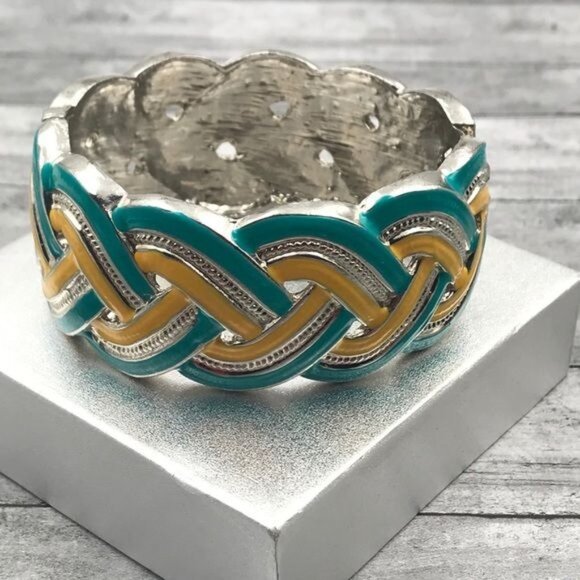 Bracelet Braided Yellow and Green Enameled Silver-tone Metal Wide Hinged - Picture 1 of 5